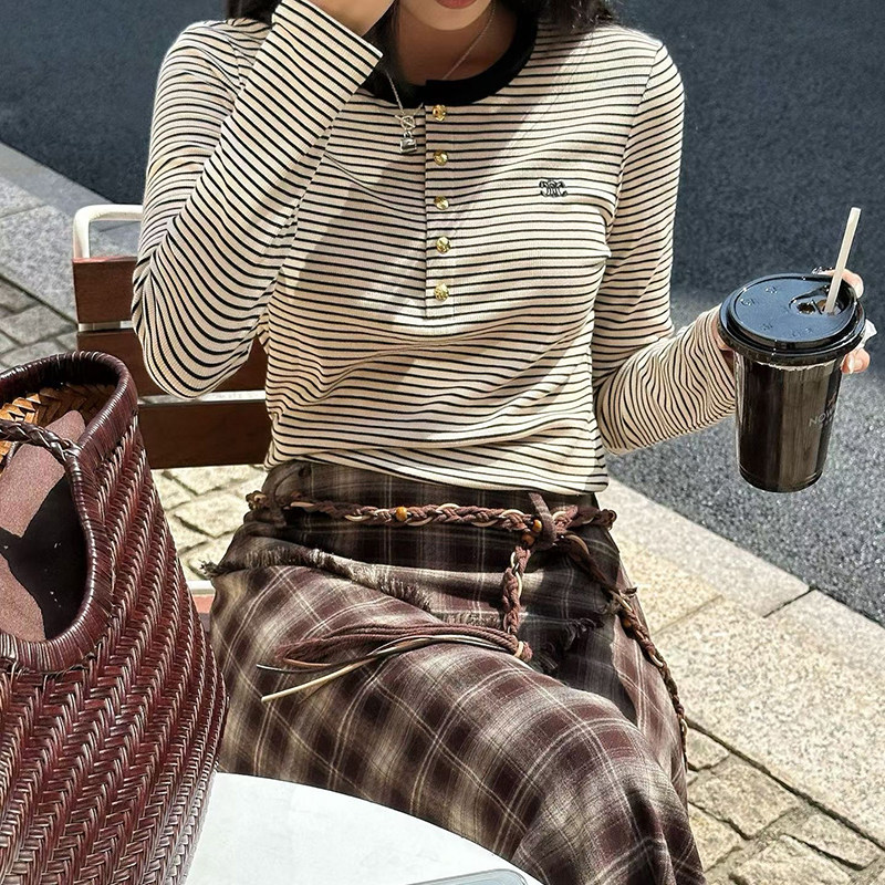 烟火家  老钱风条纹  金扣百搭长袖女款T恤