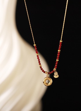 GGW 喜庆红色中国风串珠葫芦福钛钢项链新年福字锁骨链水晶短链