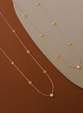 GGW 轻奢花朵单钻多花钛钢项链百搭四叶草锁骨链镀18K金精致短链