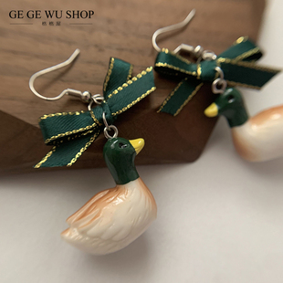 GGW手作 可爱绿头鸭子鸳鸯耳环S925银勾无耳洞耳夹绿色蝴蝶结耳饰