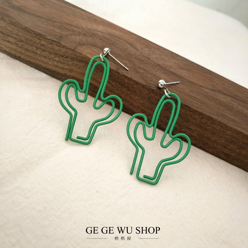 ggw手作 创意仙人掌回形针耳环曲别针耳钉纯银耳勾无耳洞耳夹实拍