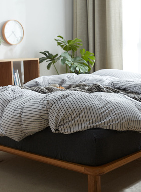 ZZ超柔纯棉全棉针织棉纯色被套被罩四件套1.5*2.0*2.3m深灰色条纹