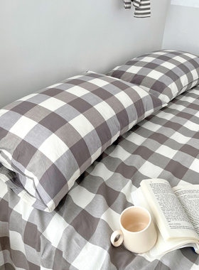一对BO枕套格子4水洗棉全棉纯棉枕头套枕芯套单人48*74简约灰色