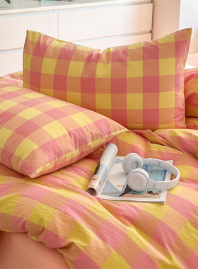 一对BO枕套格子6水洗棉全棉纯棉枕头套枕芯套单人48*74简约黄色