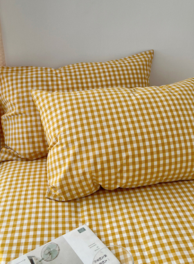 一对BO枕套格子2水洗棉全棉纯棉枕头套枕芯套单人48*74简约姜黄色