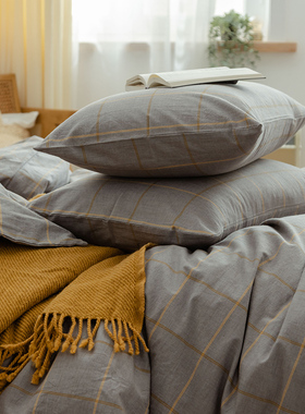 一对BO枕套格子4水洗棉全棉纯棉枕头套枕芯套单人48*74简约银灰色