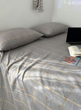 BO中格子床单单件全棉纯棉水洗棉纯色1.8床1.5金色线格灰色1.2