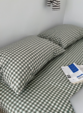 一对BO枕套格子2水洗棉全棉纯棉枕头套枕芯套单人48*74绿色深绿