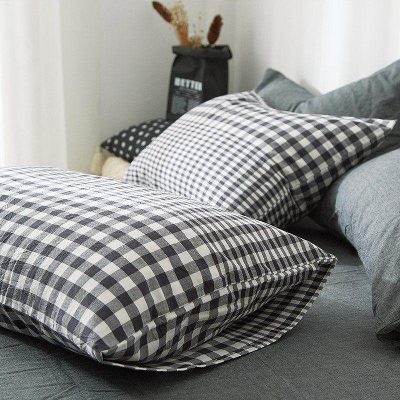 BO枕套一对 水洗棉全棉纯棉枕头套枕芯套单人简约48*74黑色格子