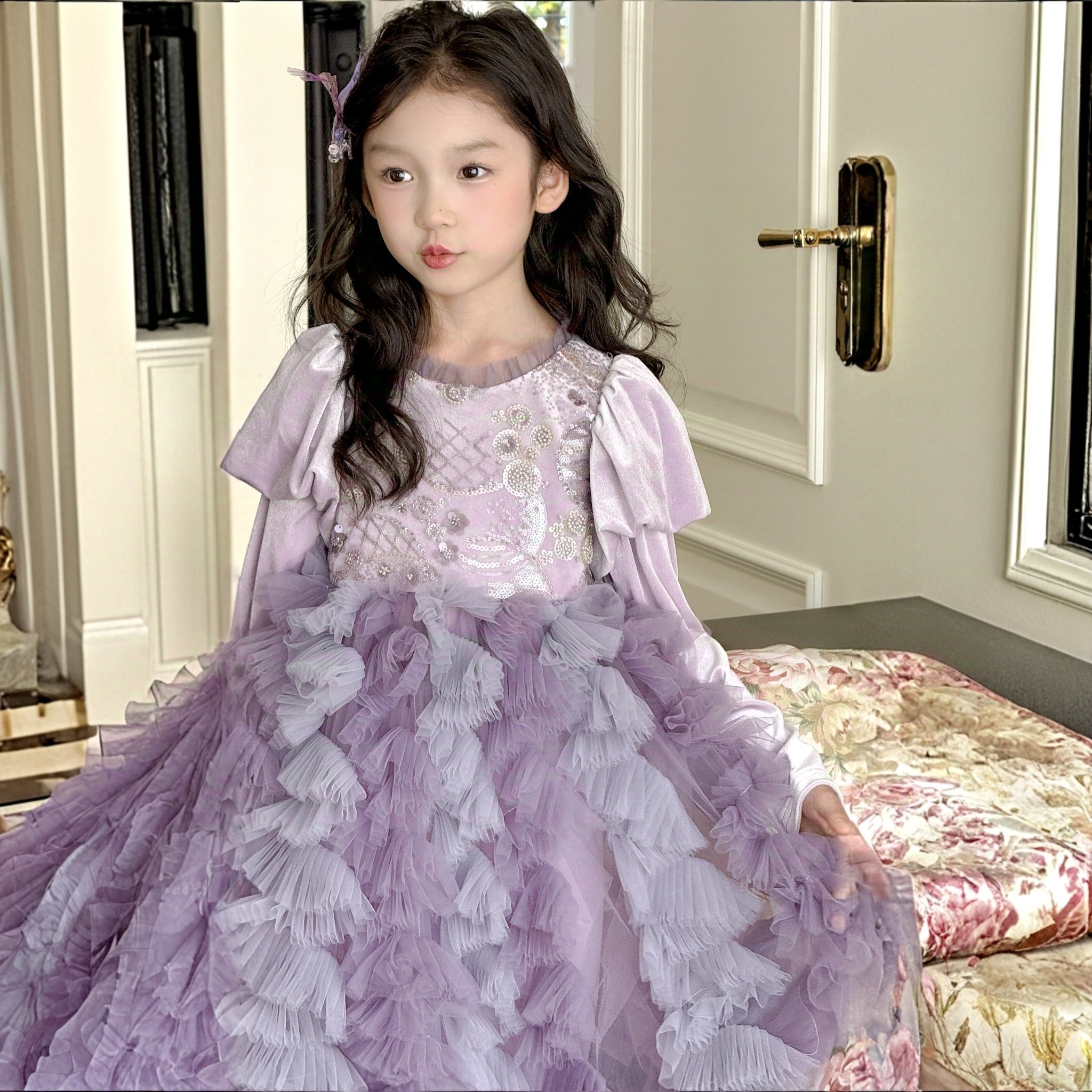 阿米童装女童紫色网纱连衣裙公主风蛋糕蓬蓬裙洋气高端生日礼服裙