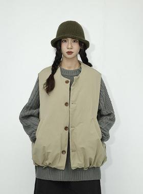 咕噜喔 日系复古简约纯色夹棉宽松复古bf风叠穿无袖棉服棉衣马甲