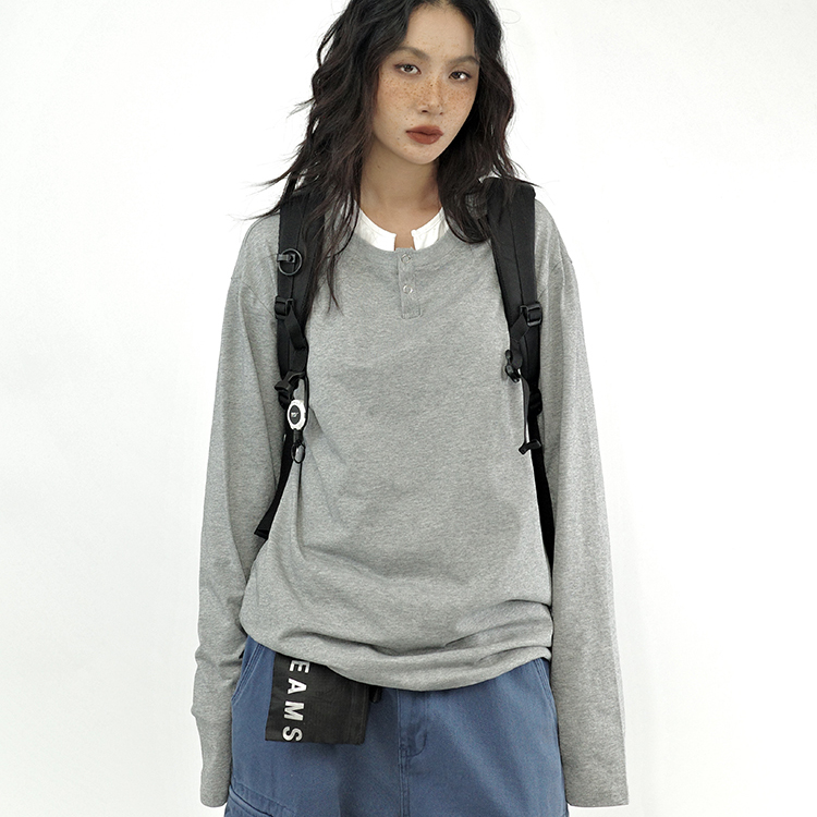 咕噜喔 秋季男女款简约通勤纯色假两件基础款亨利衫打底长袖T恤