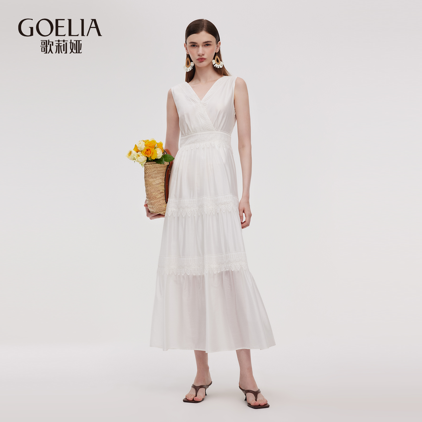 歌莉娅夏季无袖蕾丝边连衣裙女