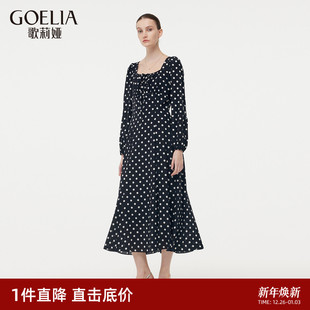 直降3折 桑蚕丝方领波点裙子 歌莉娅真丝连衣裙女士春季