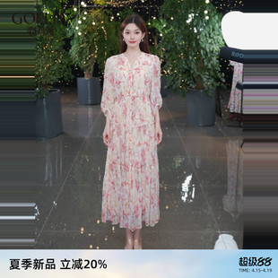 歌莉娅新品淡粉鸢尾花印花真丝顺纡绉连衣裙配布腰带1F2L4K21A