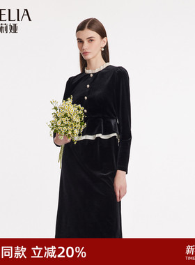歌莉娅丝绒连衣裙女秋冬大方得体连身裙正式场合小黑裙1BNR4K360