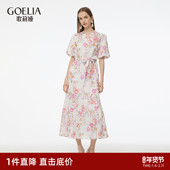 直降3折 歌莉娅全亚麻连衣裙女夏季 优雅度假风印花裙子