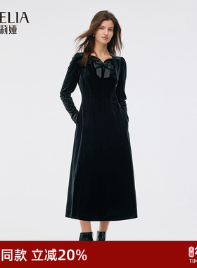 歌莉娅丝绒连衣裙女秋冬新款厅里厅气花瓣领小黑裙1E1R4H560