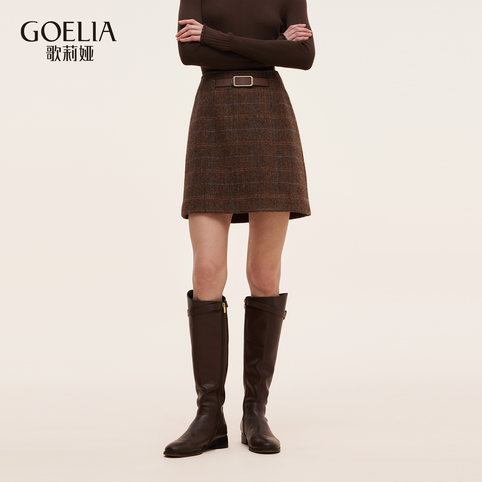 歌莉娅秋季复古格纹羊毛半身裙女