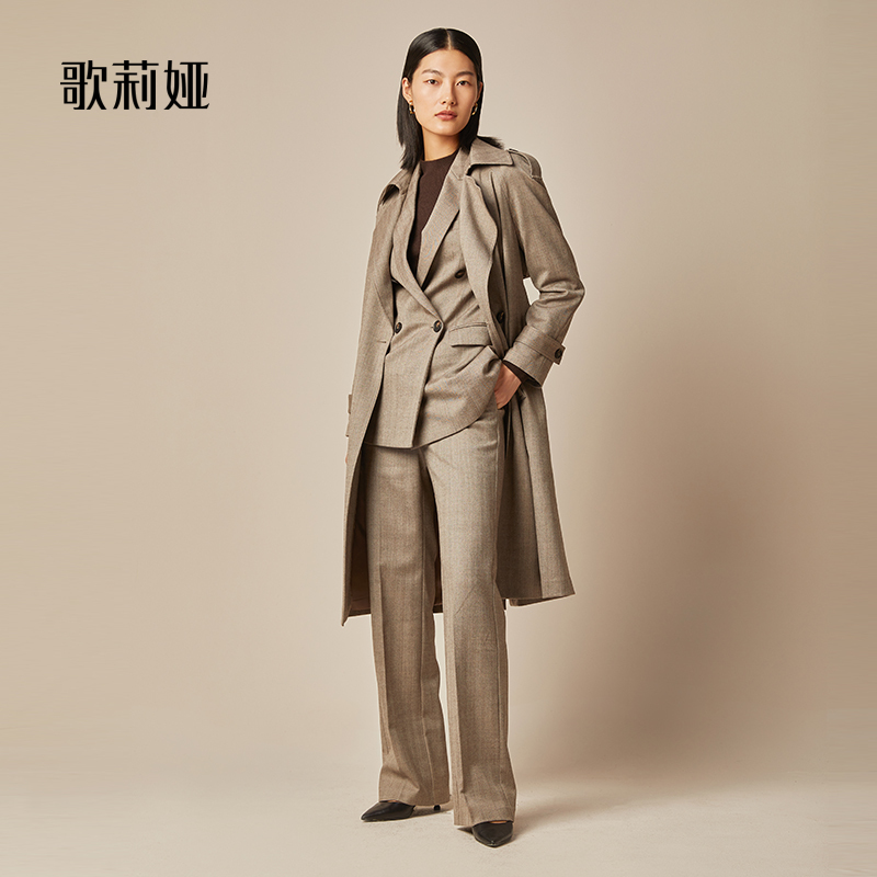 歌莉娅水洗羊毛风衣女秋冬新款气质通勤中长款翻领外套119L6L520