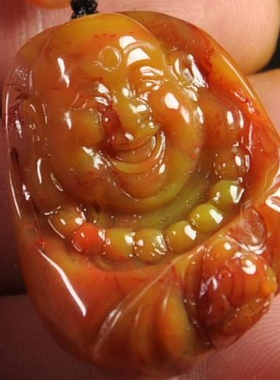 辽宁朝阳天然北票战国红缟玛瑙弥勒佛公蝙蝠挂件吊坠手雕件毛衣链