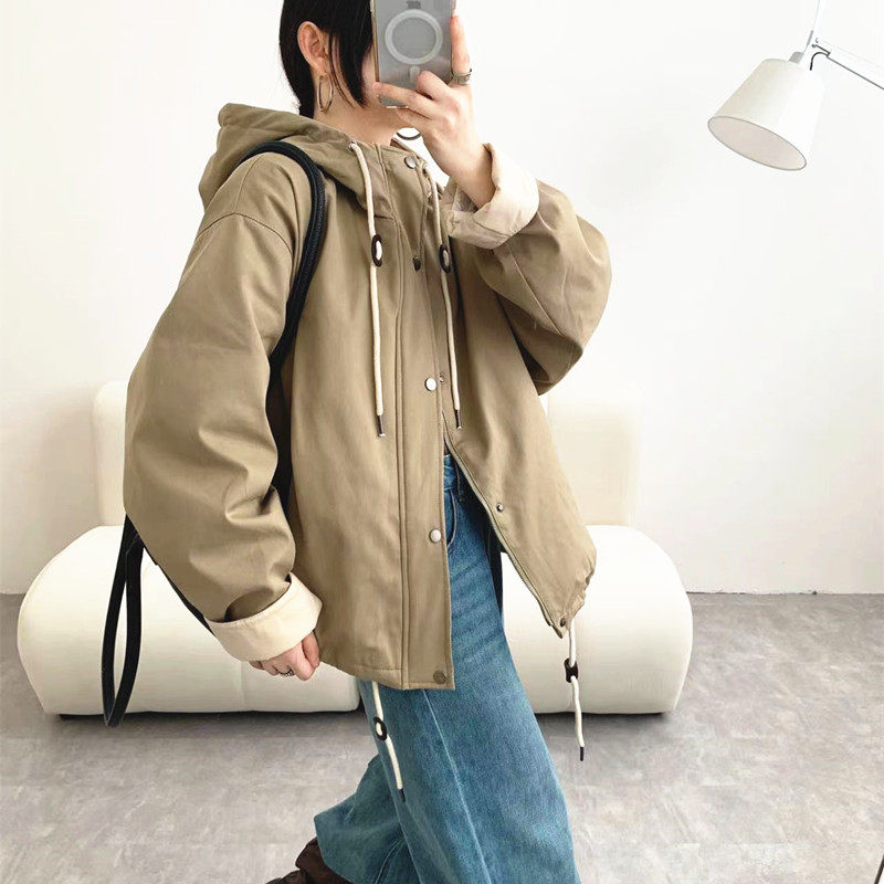 拼色短款连帽风衣羽绒服女士2025新款韩版宽松休闲小个子保暖外套