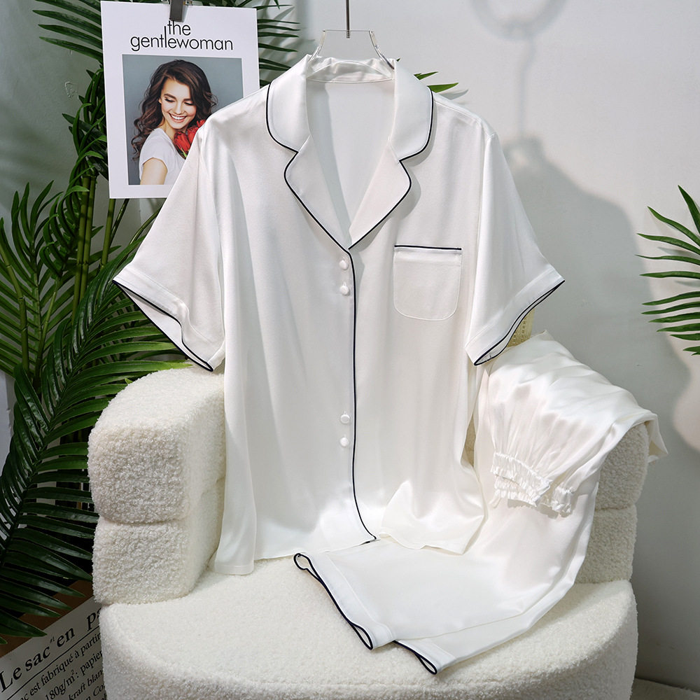 重磅真丝睡衣女式短袖九分裤套装外穿简约质感桑蚕丝家居服春夏季