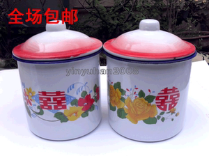 传统搪瓷茶缸子 白色花茶缸 老式带盖杯子 怀旧带盖杯子