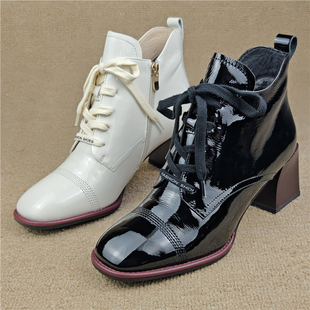 品牌撤柜断码清仓棉靴真皮女鞋牛漆皮加绒保暖时装靴粗跟女短靴子