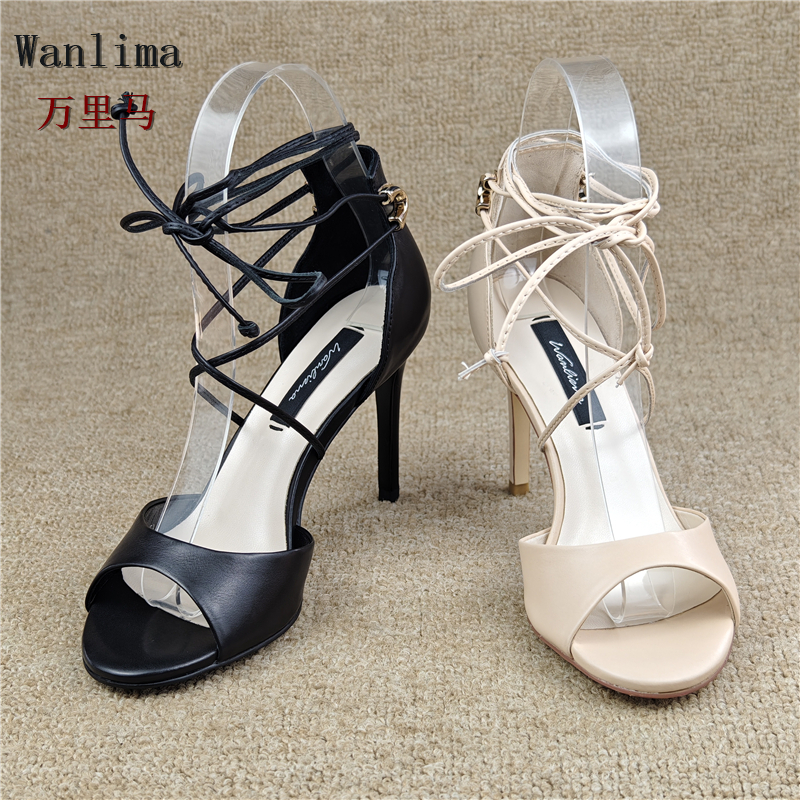 专柜撤柜断码处理女鞋夏款真皮露趾高跟时尚绑带简约胎牛皮凉鞋潮