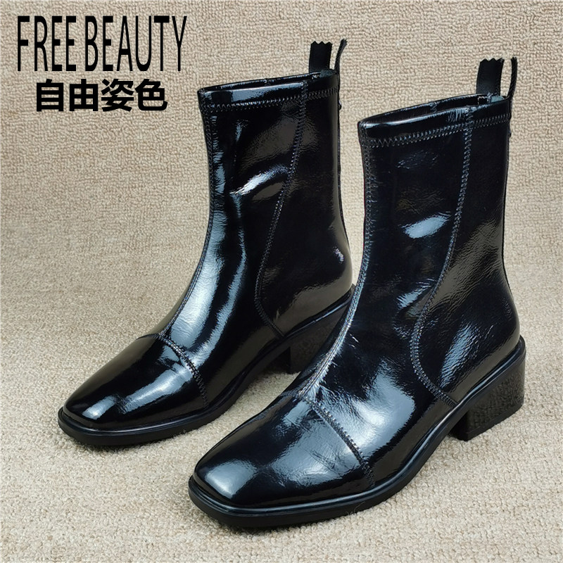 自由姿色撤柜断码处理女靴方头低跟后拉链里全真皮时尚百搭短靴潮