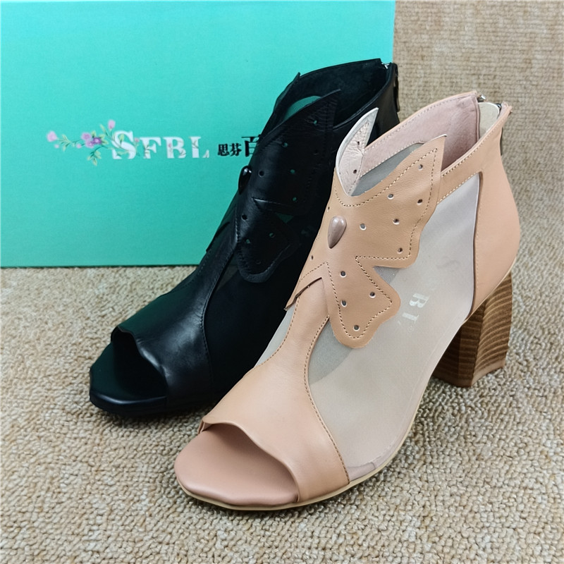 品牌撤柜断码处理女鞋真皮透气女凉鞋粗跟高帮牛皮加网露趾凉鞋女