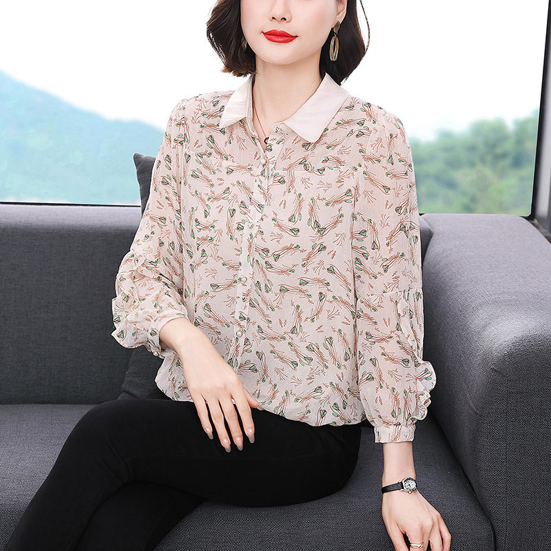 碎花长袖雪纺衫女春秋季大码胖mm中年女士衬衫装t恤上衣翻领妈妈
