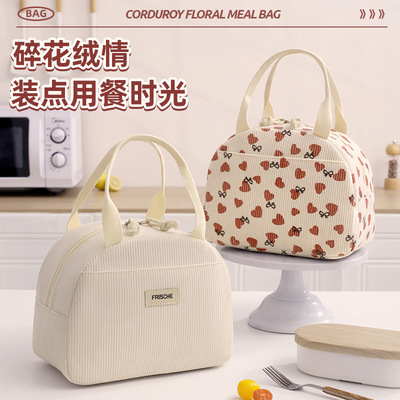 新款手提便当包灯芯绒学生便携保温午餐包批发上班族打包饭盒袋