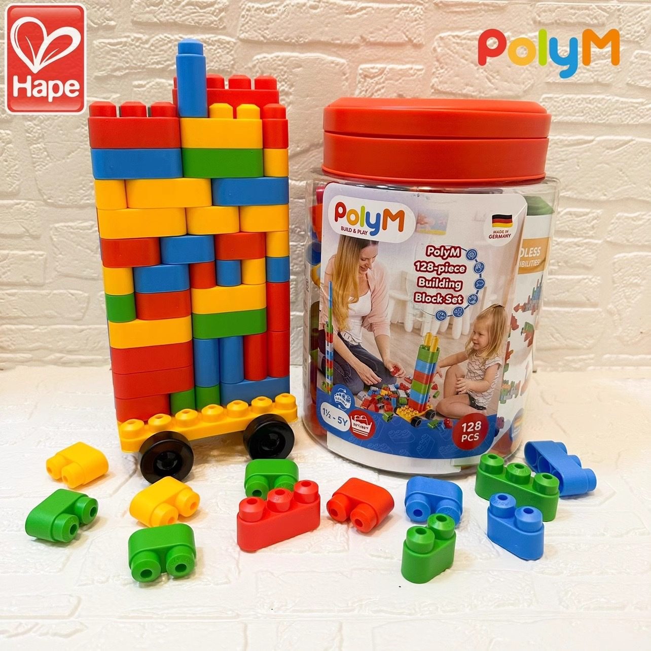 Hap软积木128粒桶装PolyM男女孩宝宝儿童大颗粒拼装早教益智玩具