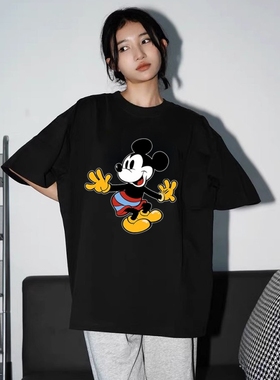 韩国黑色纯棉短袖T恤男女同款夏季米奇卡通独特上衣设计感小众潮