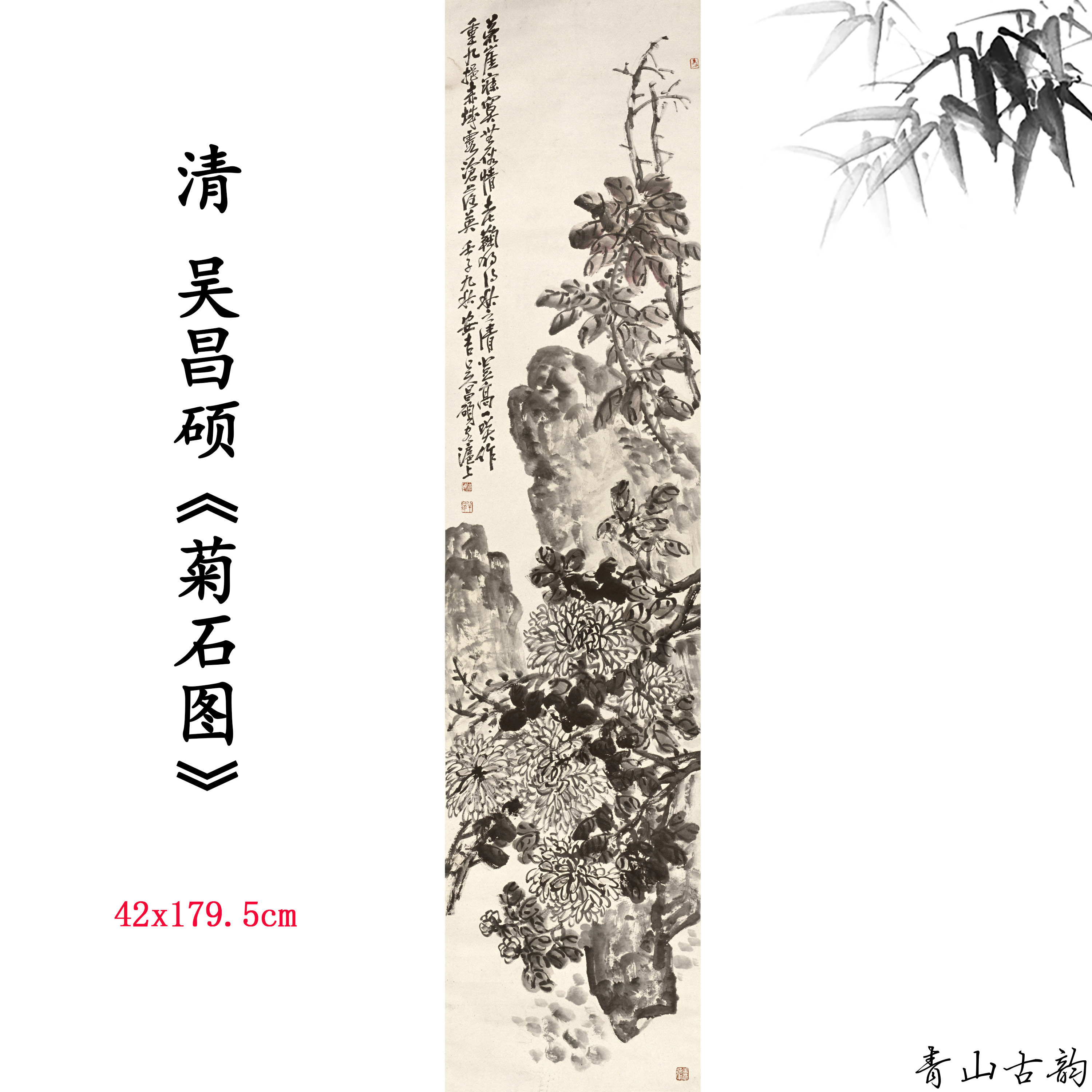 新品1:1清  吴昌硕 菊石图花卉画卷仿古字画高清微喷复制临摹范本