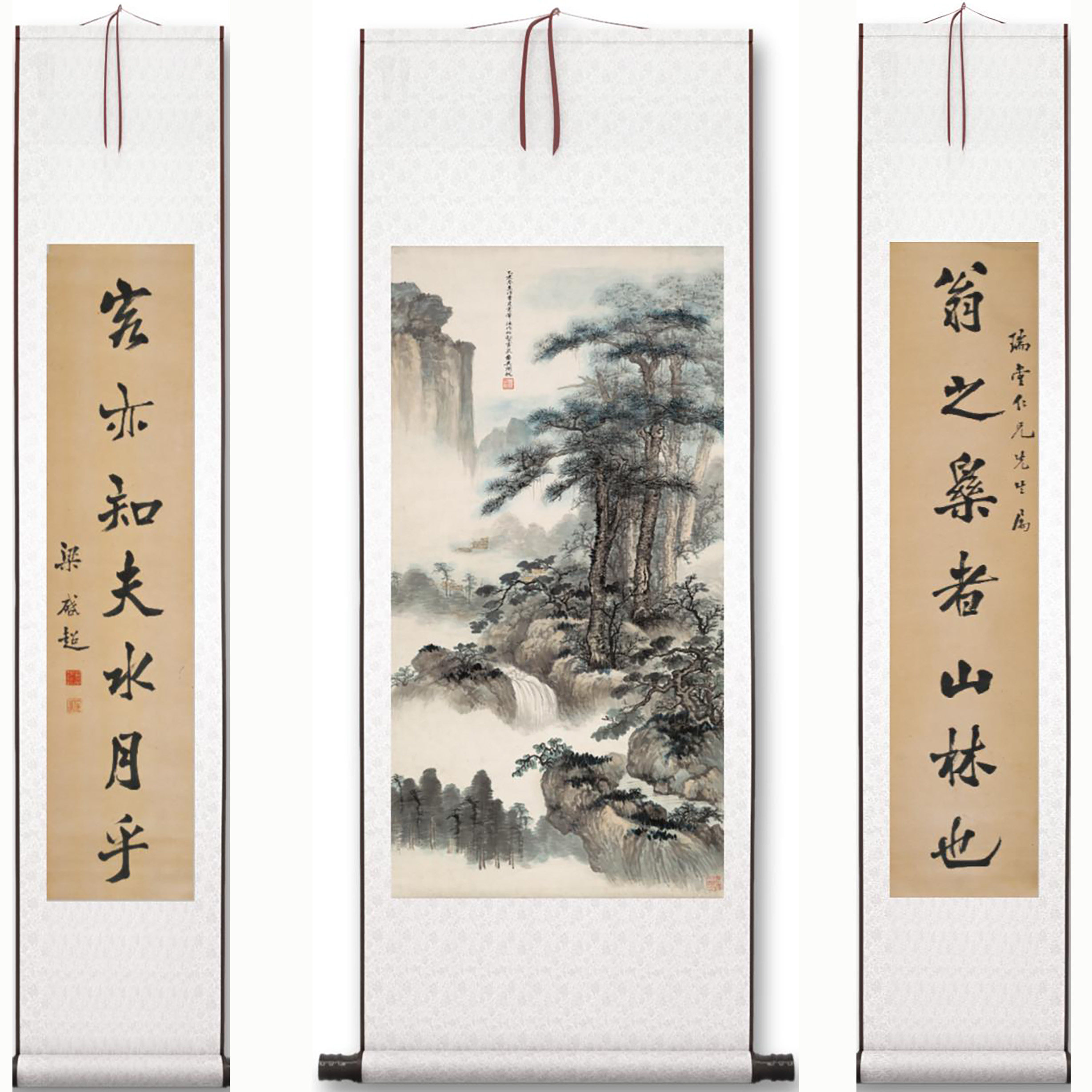 近现代 吴湖帆 松壑云泉图中堂挂画三联山水客厅挂画卷轴