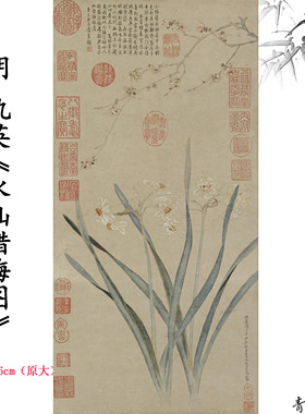 1:1明 仇英 水仙腊梅图立轴挂画装饰画仿古字画高清微喷复制临摹