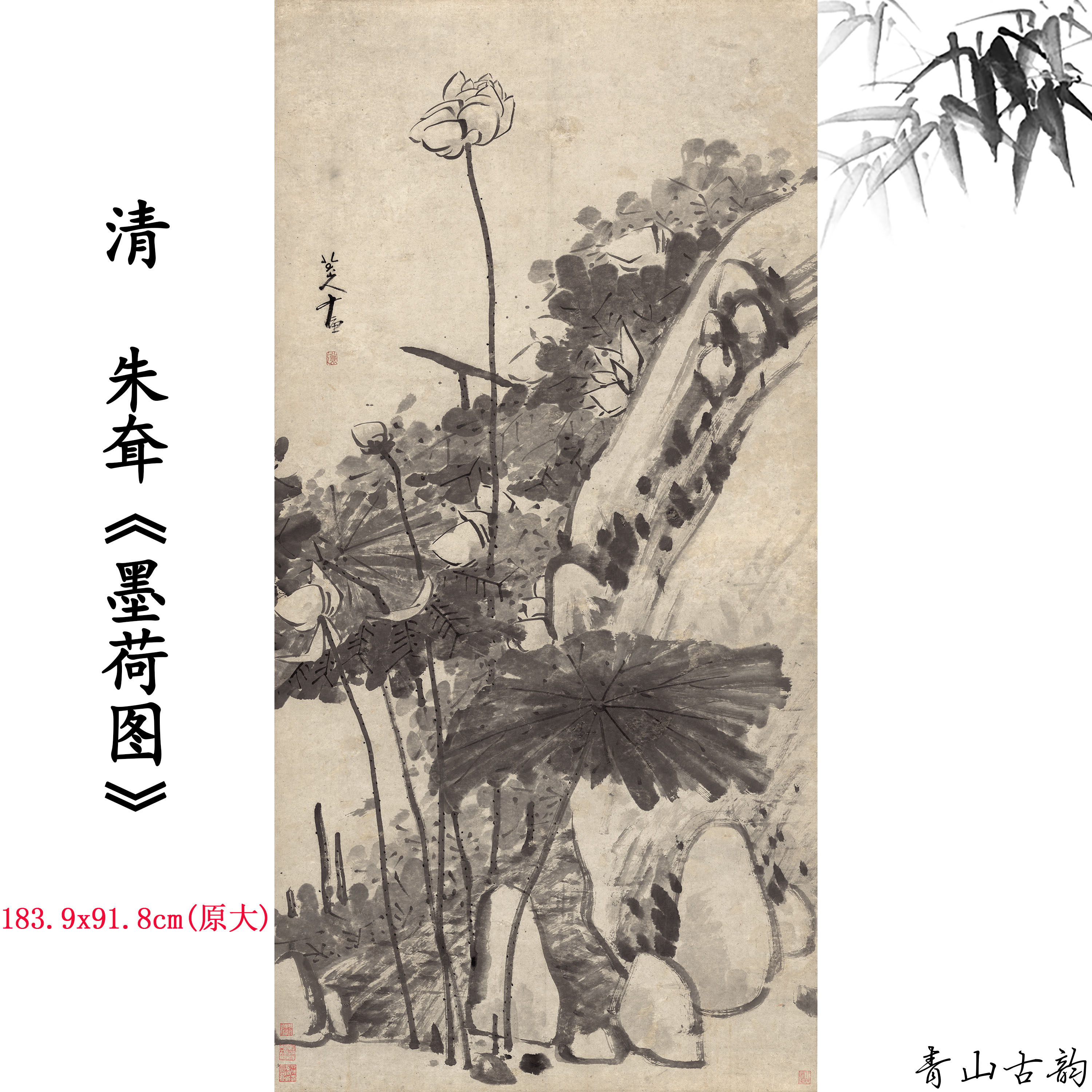 1:1清 朱耷八大山人 墨荷图禅意写意水墨国画微喷复制临摹装饰画