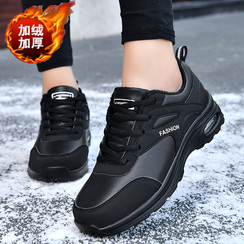 秋冬款棉鞋加绒保暖女鞋休闲鞋运动气垫二棉皮面妈妈鞋系带旅游鞋