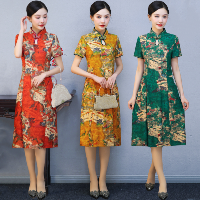 中国风旗袍裙中老年女装气质显瘦