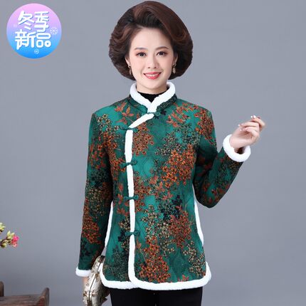 中老年妈妈秋冬季新款民族风加绒小棉袄女旗袍式外套复古盘扣棉衣