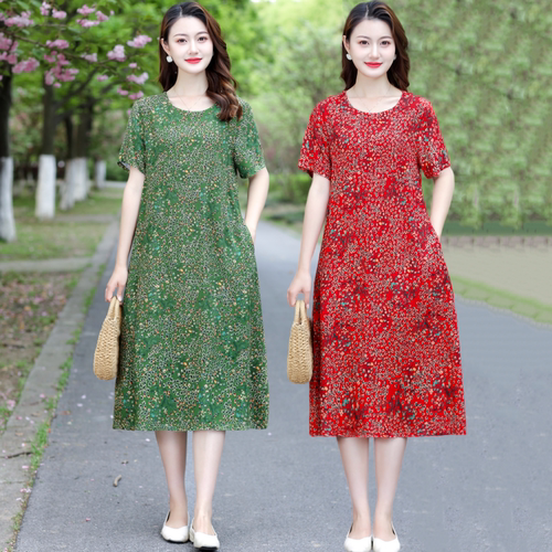 夏季妈妈装棉绸短袖过膝连衣裙女