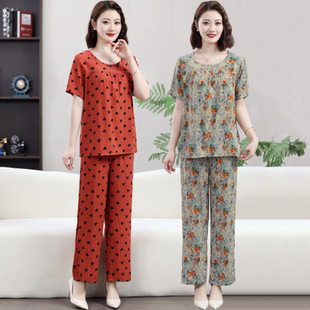 2025夏季 中老年女人造棉九分裤 新款 上衣套装 两件套 棉绸短袖 妈妈装