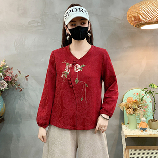 中老年女式民族风春秋季新款上衣妈妈装复古减龄60岁绣花T恤小衫