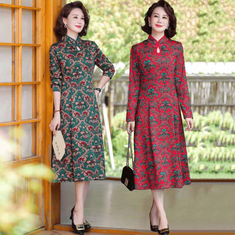 妈妈装春秋连衣裙立领复古旗袍裙
