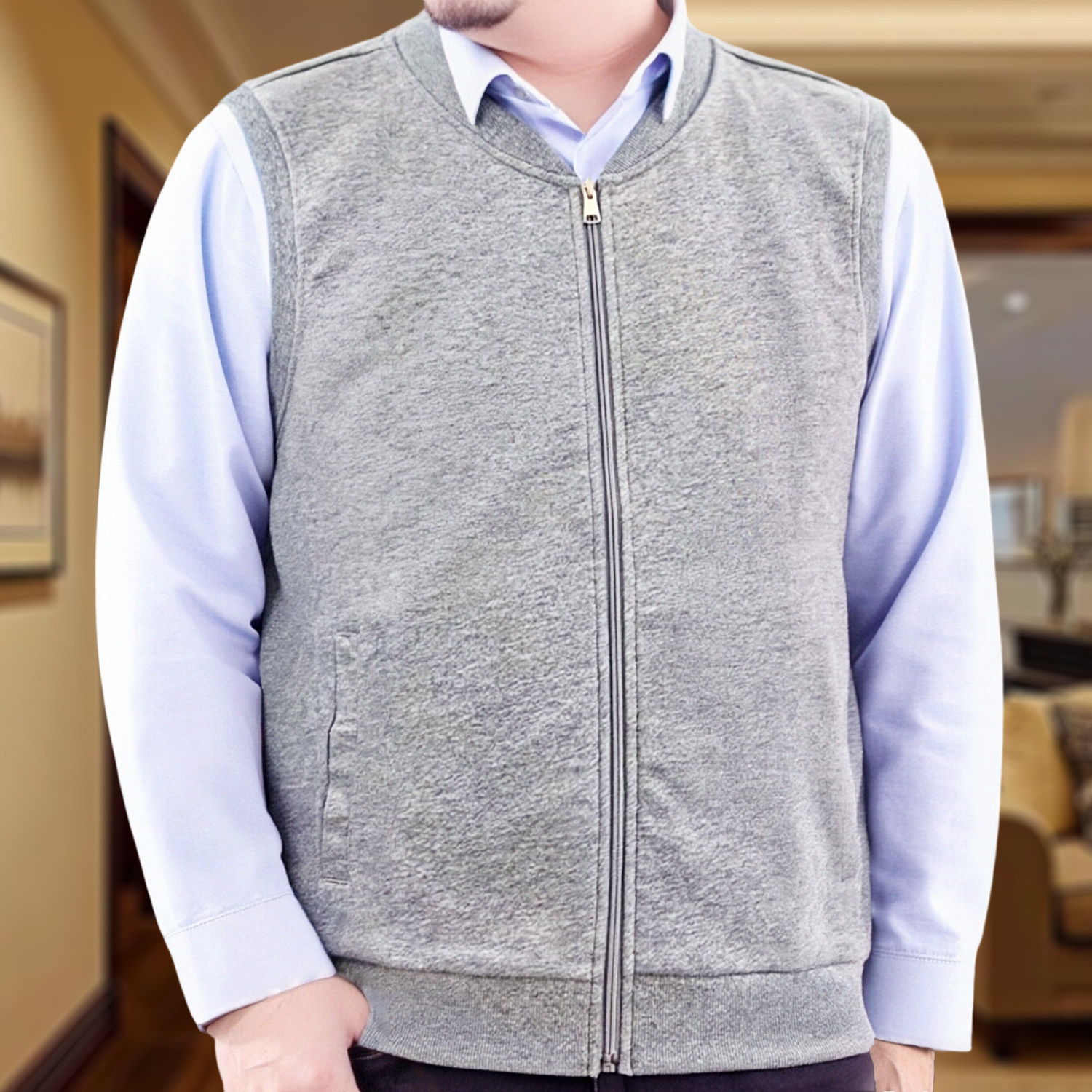 商务休闲拉链马甲男士无袖背心宽松透气坎肩灰色100%棉马甲送爸爸