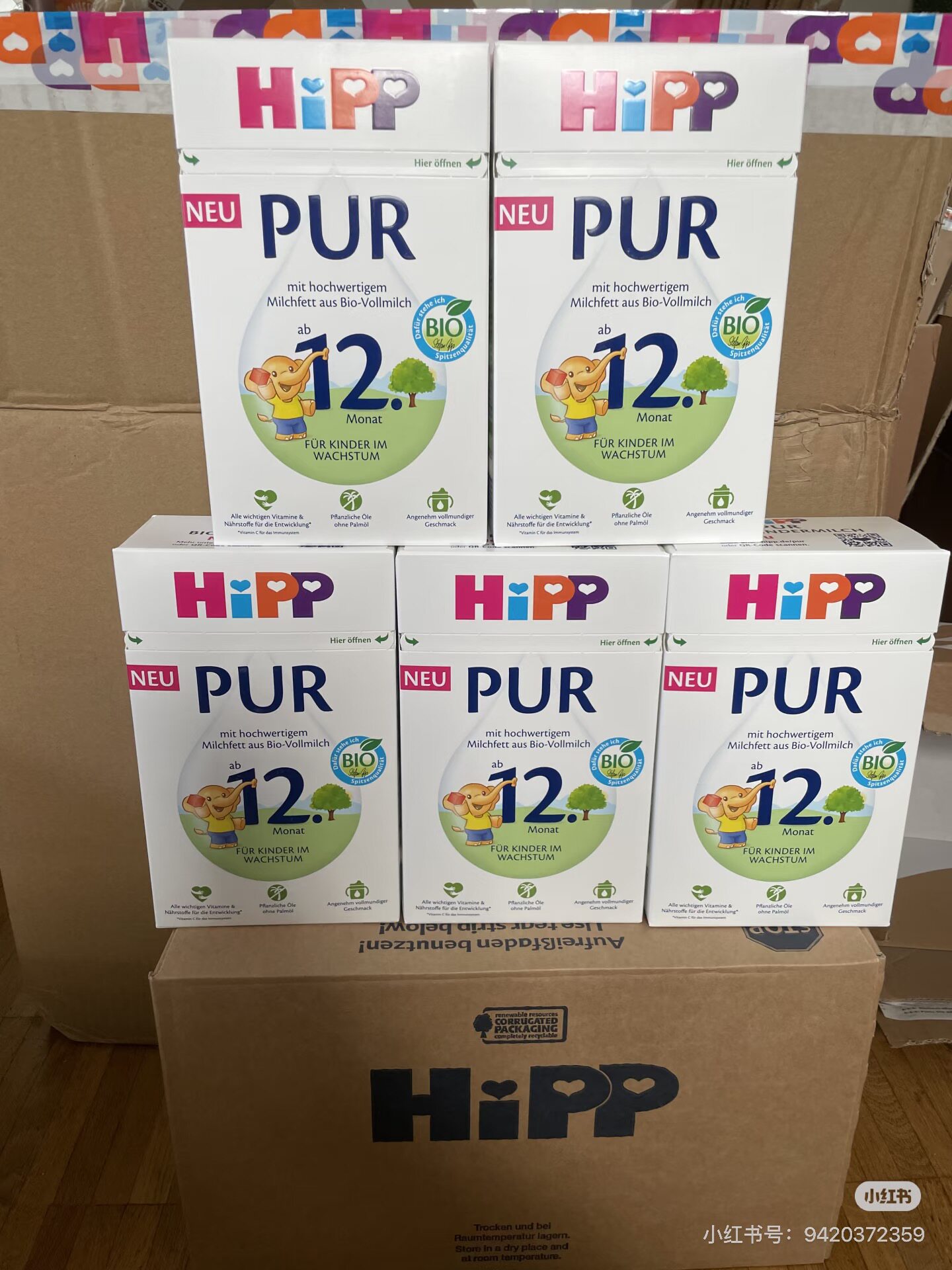 德国直邮喜宝hipp至纯有机pur12+段500g要4盒1箱27年5月包邮包税
