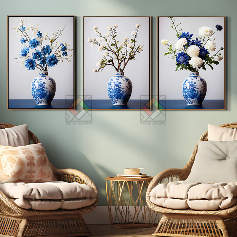 中古风青花瓷装饰画中国风花瓶植物艺术壁画沙发套装梅花束画茶室图片
